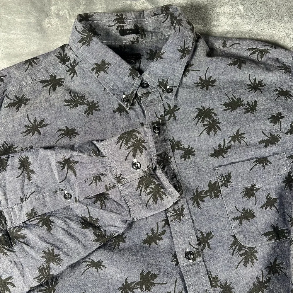 J. Crew Shirt Men's XL Gray All Over‎ Palm Tree Print Button Down Chambray C4243